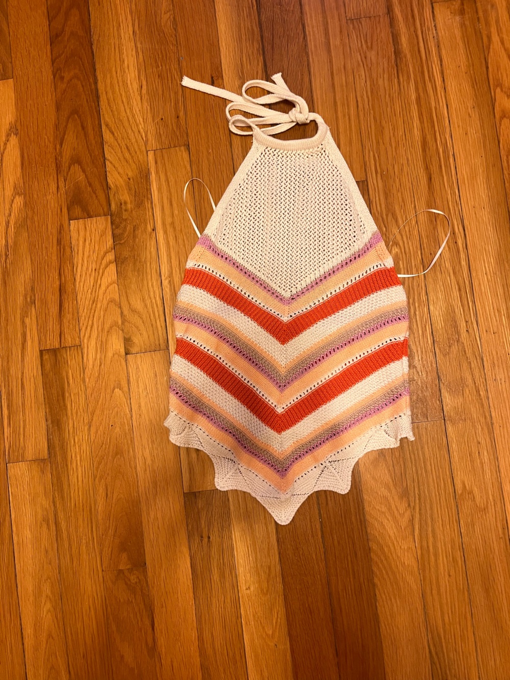 Crochet Halter Tank Top in Cream with Orange & Pink Stripes